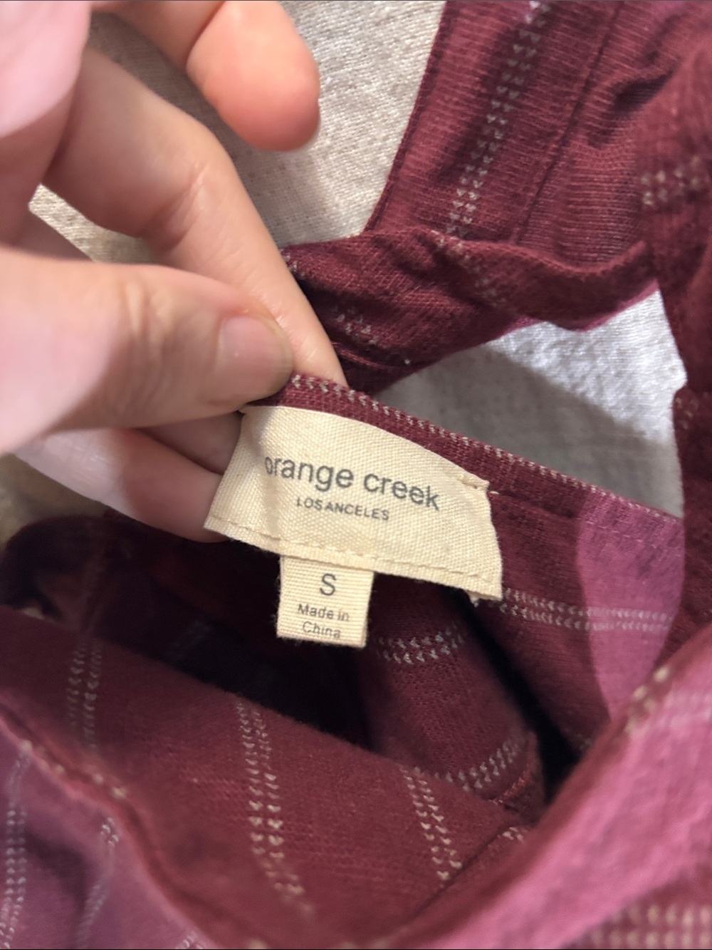 orange creek Burgundy Pinstripe Ruffle-Strap Mini Dress size Small 100% Cotton - Picture 2 of 8
